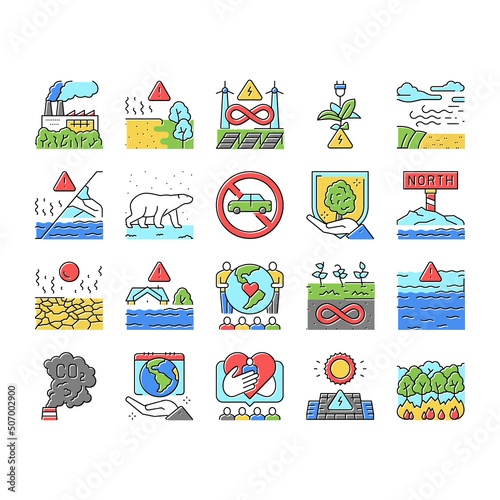 Climate Change And Eco Problem Icons Set Vector