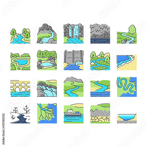 River And Lake Nature Landscape Icons Set Vector