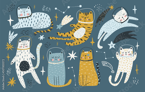 Cute cats astronauts traveling in outer space. Animal cosmonaut adventure in cosmos. Flat vector illustration of funny feline in universe.
