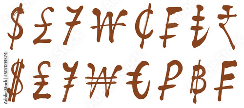Handwritten brush letters, currency symbols calligraphy brown