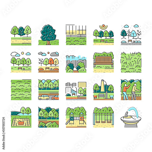 Park Meadow Nature And Playground Icons Set Vector
