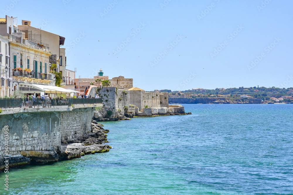 Promenade on the seafront of Syracuse, a city of Sicily in Italy.