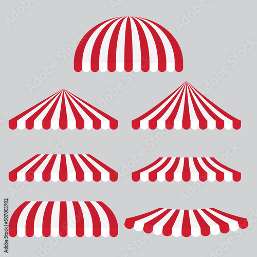 Set of red and white stripes awning tent. Flat vector illustration.
