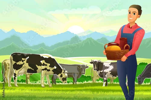 Boy farmer with basket. Cows are grazing. Rural landscape hills. Green pasture grass. Summer view. Farm milk and dairy products. Cartoon flat style design. Vector