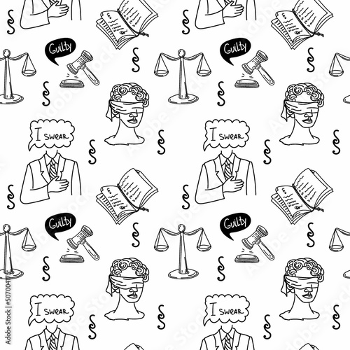 A seamless pattern of law and justice symbols, a hand-drawn sketch style doodle. Justice. Greece. Themis blindfolded. Scales of Justice. Hammer of justice, a man with his hand over his heart. I swear.