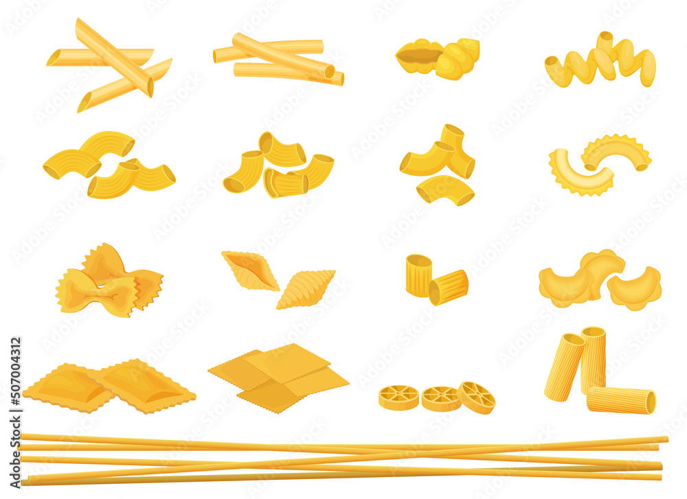 Fototapeta premium A set of pasta.Various types of Italian noodles and pasta.Vector cartoon pasta set.