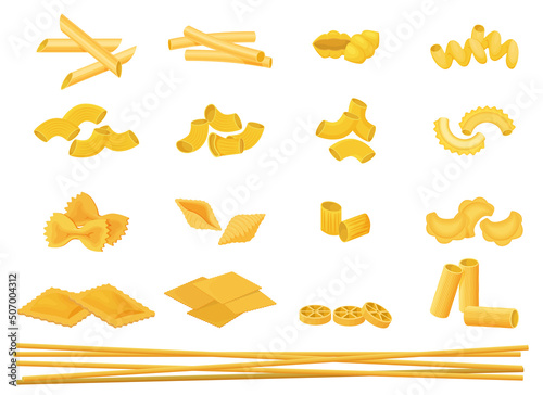 A set of pasta.Various types of Italian noodles and pasta.Vector cartoon pasta set.
