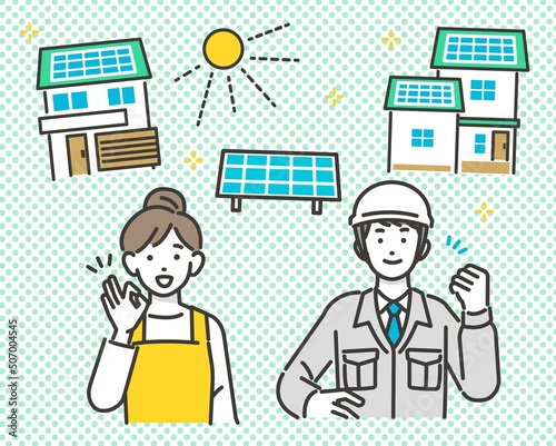 ソーラーパネルと作業員と主婦のベクターイラスト素材／建築／SDGs／自家発電／エコ