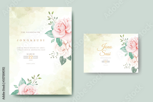 wedding invitation card with floral and leaves watercolor