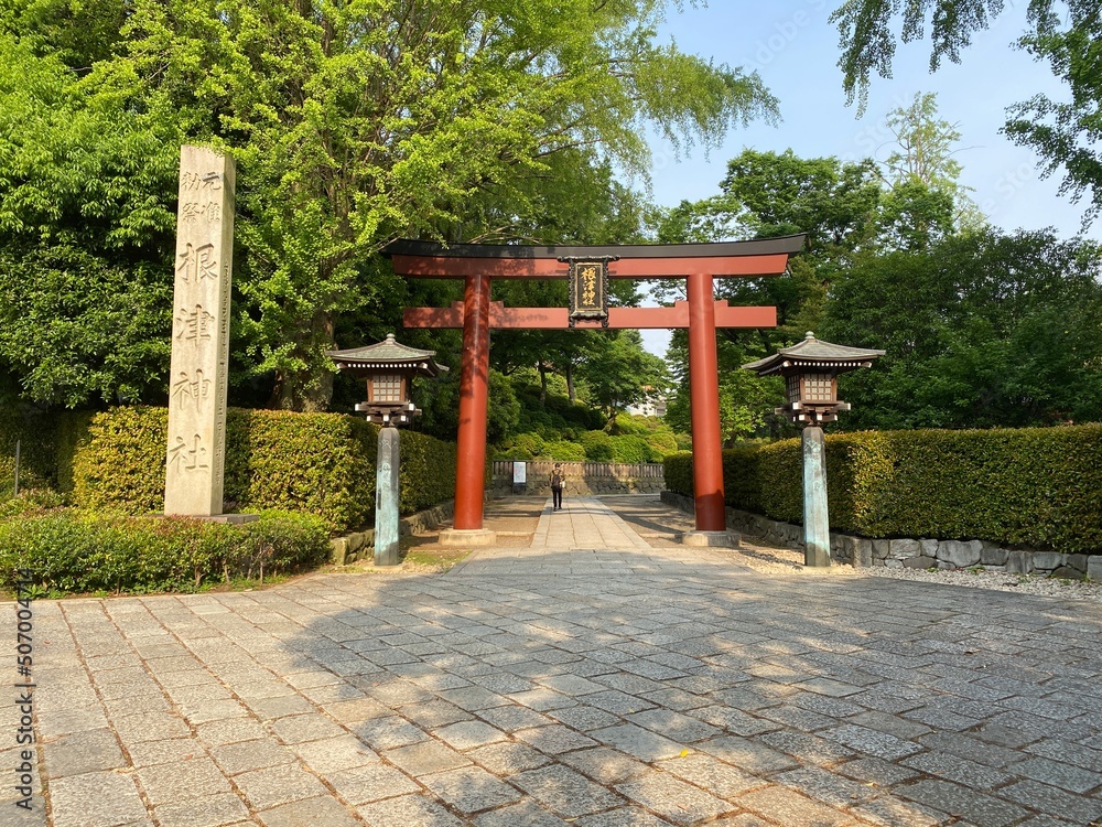 “Nezu shrine” in downtown Tokyo on a sunny day, entrance gate to the main corridor, year 2022 May 20th “Nezu shrine” in downtown Tokyo on a sunny day, entrance gate to the main corridor, year 2022 May 20th