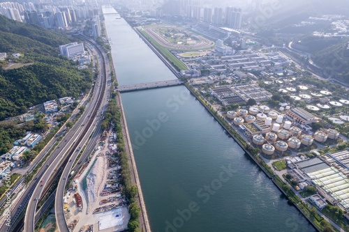Canvas Print Epic aerial view of the Shing Mun River and the Sha Tin Sewage Treatment Works