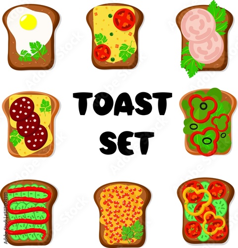 Fototapeta Naklejka Na Ścianę i Meble -  Toast set, toast collection, sandwich with vegetables, egg, cheese. Bread and butter isolated vector, meal and food collection. Healthy breakfast illustration