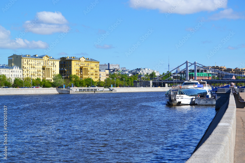 Moskva River embankment in Gorky Park with ships