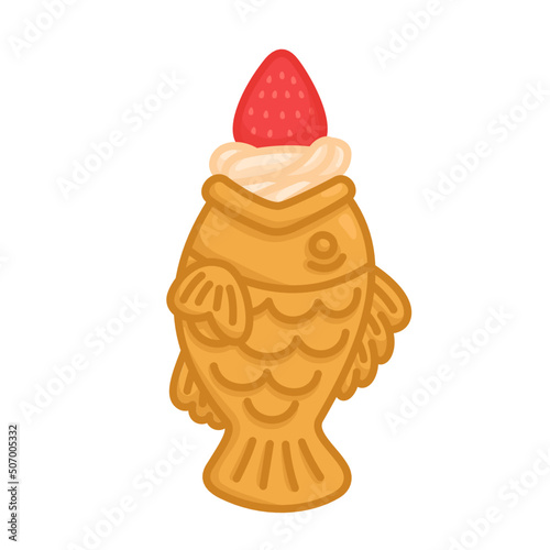 taiyaki vanilla milk ice cream  topping with strawberry kawaii doodle flat vector illustration