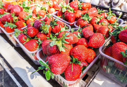 Fresh ripe strawberry in plastic boxes ready for sale at the farmer market