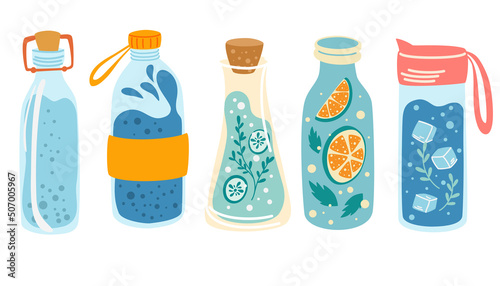 Water Bottles set. Concept detox drink, drinking water in a thermos, glass bottle. Ice water. Refreshing summer drink. Healthy lifestyle daily habits, wellness, morning rituals. Vector illustration