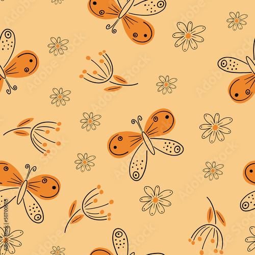 Seamless pattern with dragonflies and ginkgo leaves.