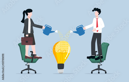 Growing knowledge or innovative idea, developing creativity for succeeding business or career growth, team development concept. Employees pouring liquid to fulfill space in idea light bulb.