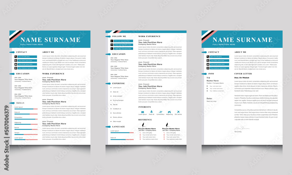 Creative Resume Template, Resume and Cover Letter Layouts with Blue Header
Creative Resume Template, Resume and Cover Letter Layouts with Blue Header