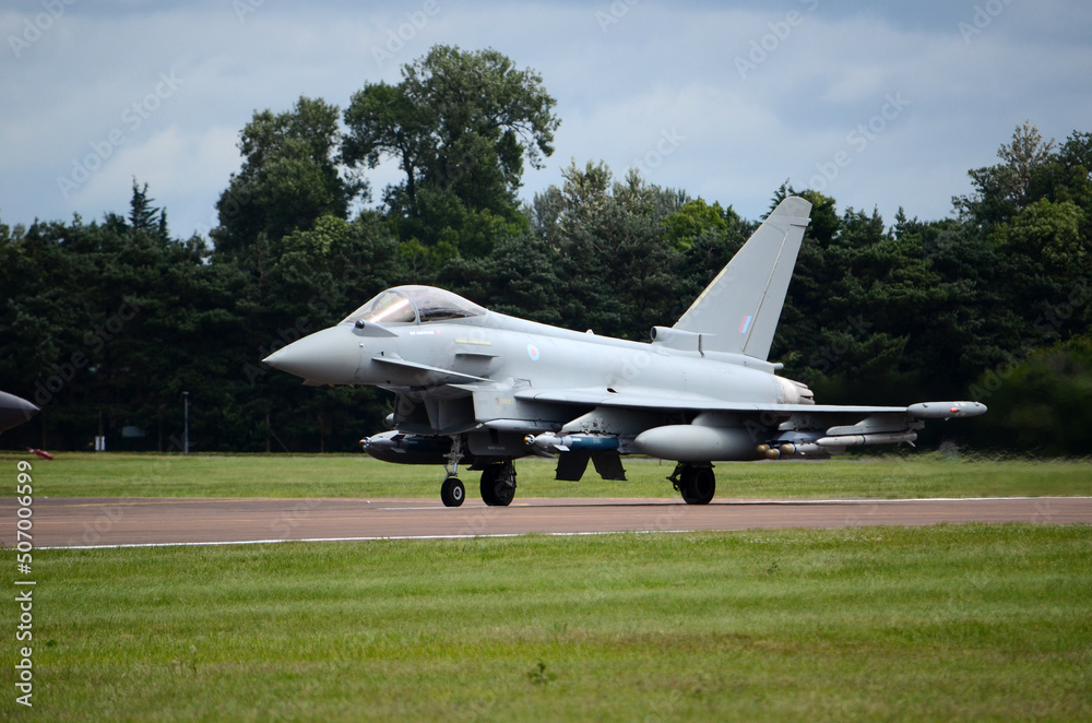 Typhoon FGR4 fighter jet scramble, QRA is launched RAF fighter station. Lincolnshire. Russian aggression Typhoon FGR4 fighter jet scramble, QRA is launched RAF fighter station. Lincolnshire. Russian aggression