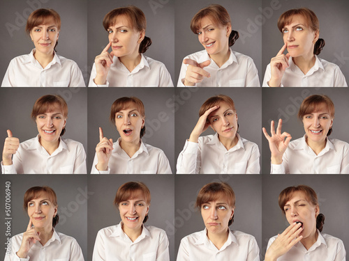 Obraz na plátne Collage of woman different facial expressions on grey background