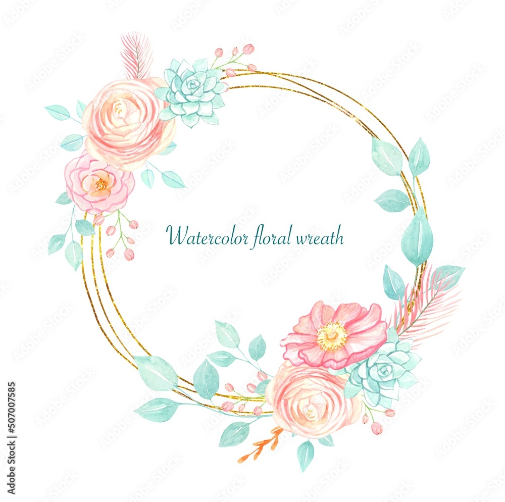 Floral wreath in pastel colors, watercolor illustration