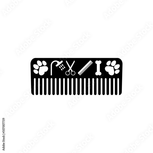 Dog grooming logo design template. Dog pawprint with comb silhouette and scissors. Vector clipart and drawing. Isolated illustration on white background.