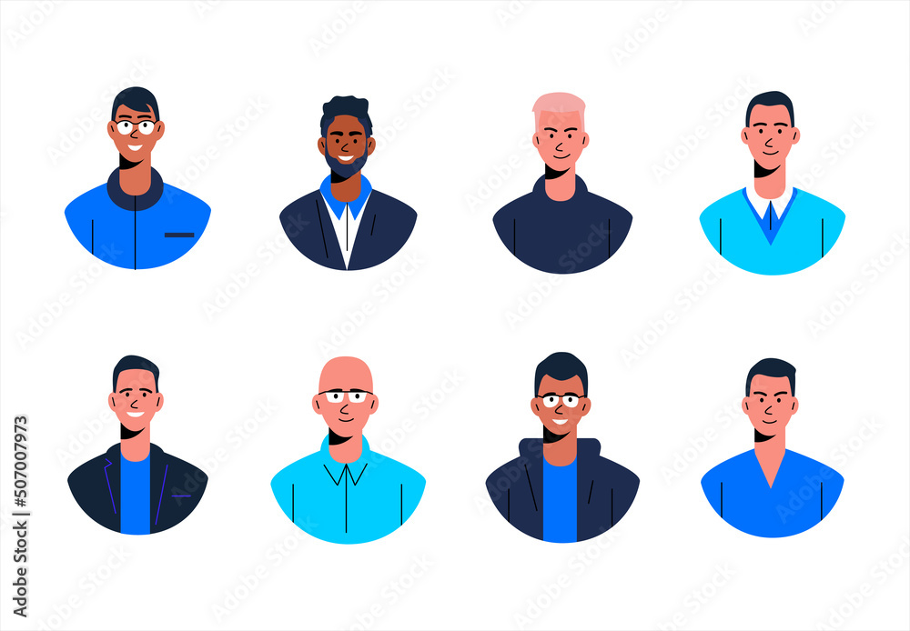 Set with avatars of men of different appearance and nationality. Flat vector illustration. Set with avatars of men of different appearance and nationality. Flat vector illustration.