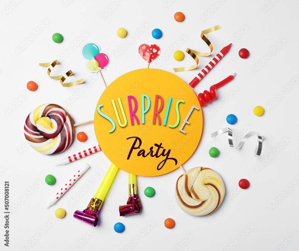 Flat lay composition with different items for surprise party on white background Flat lay composition with different items for surprise party on white background