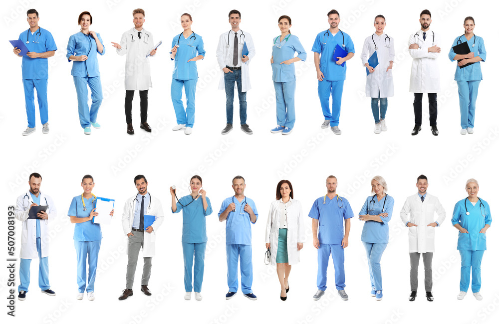 Fototapeta premium Collage with photos of doctors on white background