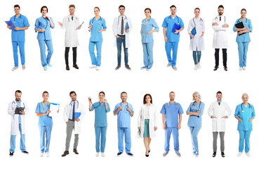 Collage with photos of doctors on white background