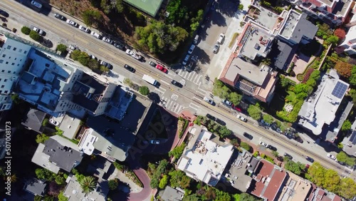 Topdown View Of The Crookedest Street At Lombard In San Francisco, California USA. Aerial Rotating photo