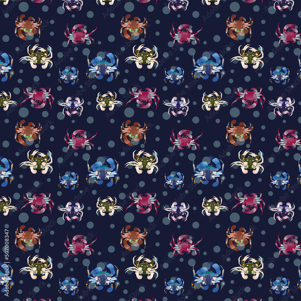 Pattern with colored crabs on dark