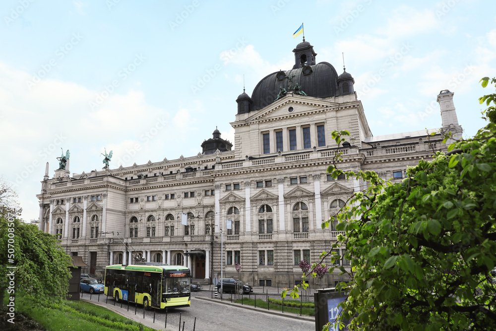 LVIV, UKRAINE - MAY, 04, 2022: Theatre of Opera and Ballet on city street