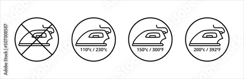 Iron temperature icon set. Clothes ironing temperatures instruction sign for label design. Flatiron heat mark in celsius and fahrenheit. Vector stock illustration.