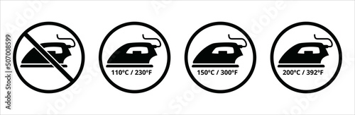 Iron temperature icon set. Clothes ironing temperatures instruction sign for label design. Flatiron heat mark in celsius and fahrenheit. Vector stock illustration. Simple flat design style.