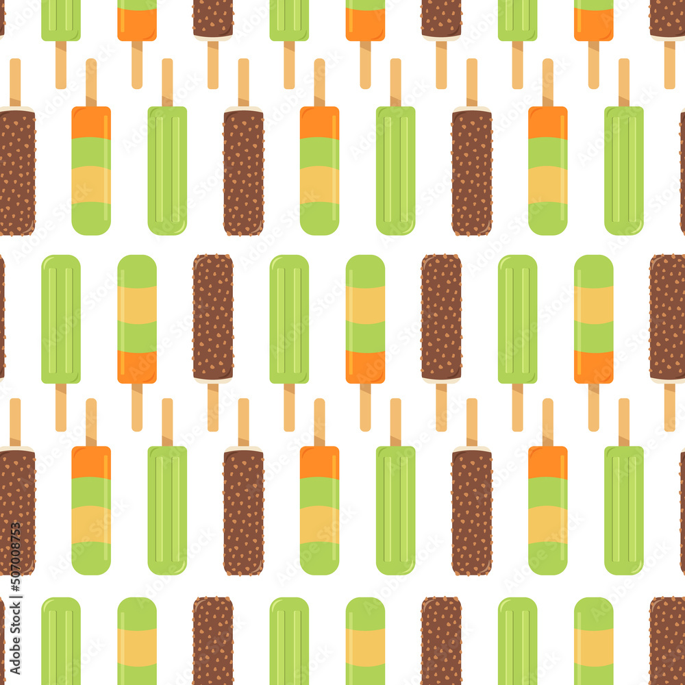 Seamless ice cream pattern. Fruit ice and ice cream on a stick. Flat style vector image Seamless ice cream pattern. Fruit ice and ice cream on a stick. Flat style vector image