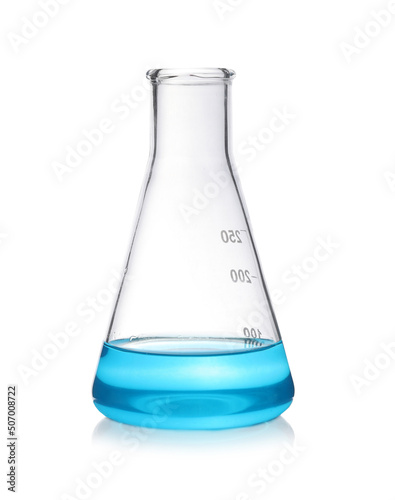 Laboratory flask with light blue liquid isolated on white