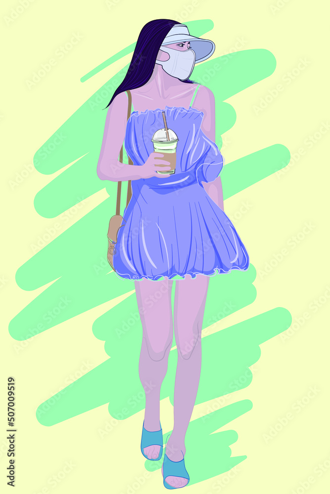 Walking beauty with suspender skirt, sun hat and milk tea in hand, vector illustration