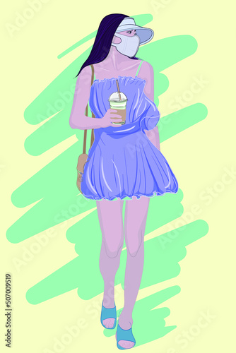 Walking beauty with suspender skirt, sun hat and milk tea in hand, vector illustration