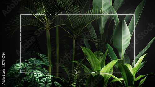 Tropical Plants Illuminated with White Fluorescent Light. Jungle Environment with Rectangle shaped Neon Frame.