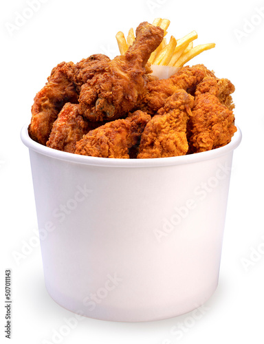 Spicy fried chicken in paper bucket isolated on white background, Fried chicken on white With clipping path.