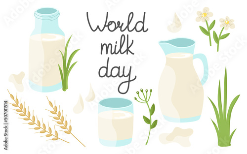 World Milk Day set of healthy drink with jug, jar, glass, lettering, grass, flowers. Vector illustration for design or decoration.