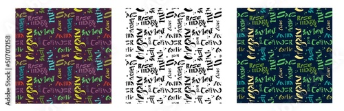 Three seamless patterns of handwritten lettering with names of spices. Hand written for label, postcards, packaging, advertising. Vector illustration.