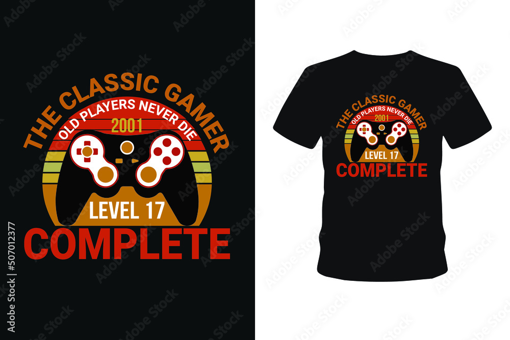Old players never 1985 level 01 complete, Next level unlocked gaming t-shirt design,  Vector graphic, typographic poster, vintage, bundle t-shirt, label, badge, logo, icon or t-shirt