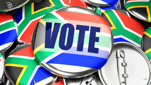 South Africa and Vote - dozens of pinback buttons with a flag of South Africa and a word Vote. 3d render symbolizing upcoming Vote in this country.,3d illustration