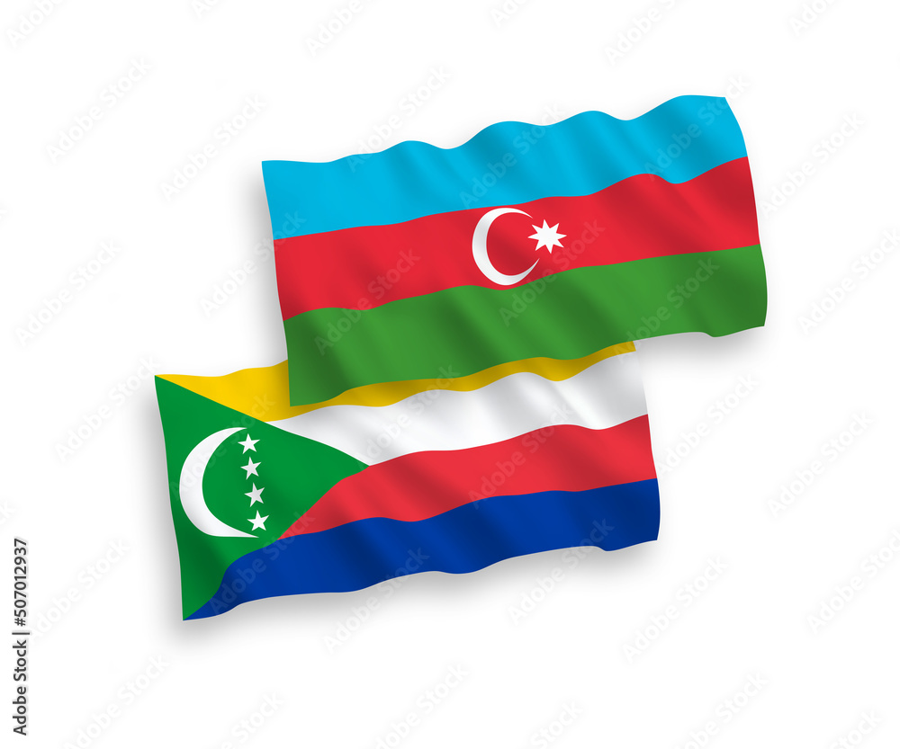 National vector fabric wave flags of Union of the Comoros and Azerbaijan isolated on white background. 1 to 2 proportion.