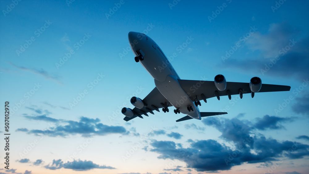 Conceptual flying white passenger jetliner or commercial plane after take off rising over a beautiful sky background. 3D illustration for jet transportation, travel industry or modern freedom concept