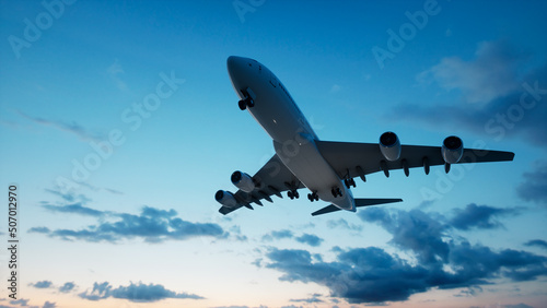 Conceptual flying white passenger jetliner or commercial plane after take off rising over a beautiful sky background. 3D illustration for jet transportation  travel industry or modern freedom concept