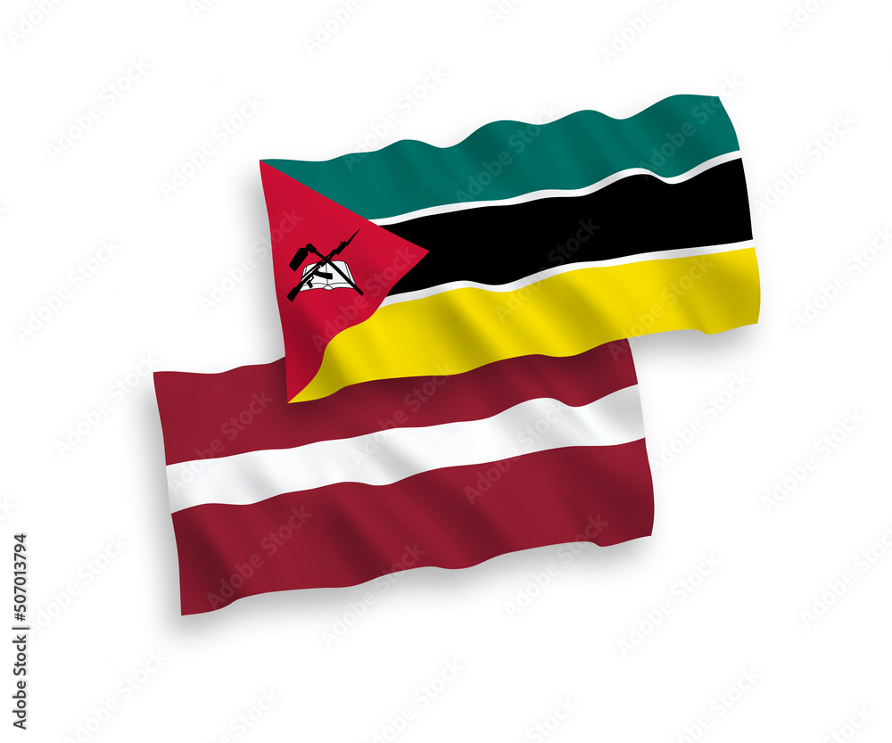 National vector fabric wave flags of Latvia and Republic of Mozambique isolated on white background. 1 to 2 proportion. National vector fabric wave flags of Latvia and Republic of Mozambique isolated on white background. 1 to 2 proportion.